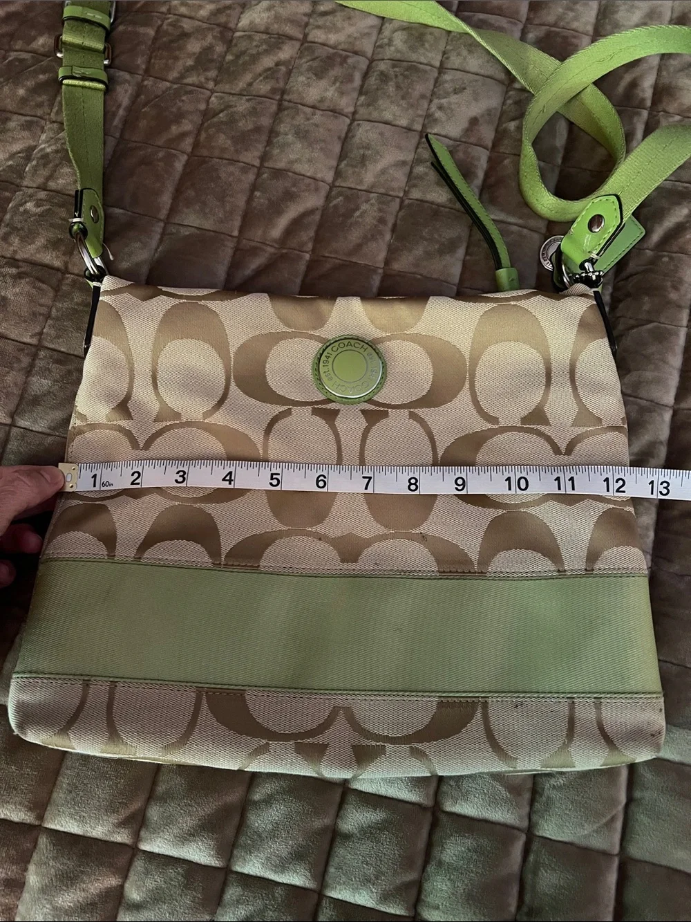 Coach Khaki Signature Crossbody with Lime Trim
